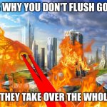 This is why you don't flush goldfish! | THIS IS WHY YOU DON'T FLUSH GOLDFISH; BECAUSE THEY TAKE OVER THE WHOLE WORLD! | image tagged in futuristic city,goldfish,world,take over | made w/ Imgflip meme maker