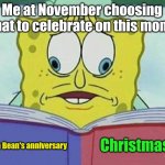 I just can't celebrate both for this month | Me at November choosing what to celebrate on this month; Christmas; Ba Da Bean's anniversary | image tagged in cross eyed spongebob,memes,ba da bean,christmas,funny | made w/ Imgflip meme maker