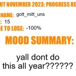 it's not a challenge just a normal month for me | gott_mitt_uns; 15; -100%; yall dont do this all year?????? | image tagged in no nut november 2023 progress report | made w/ Imgflip meme maker