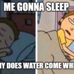 really want to known comment plz | ME GONNA SLEEP; BRAIN: WHY DOES WATER COME WHEN WE CRY | image tagged in rick and morty sleeping meme,sleep,funny | made w/ Imgflip meme maker