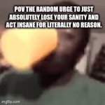 literally | POV THE RANDOM URGE TO JUST ABSOLUTELY LOSE YOUR SANITY AND ACT INSANE FOR LITERALLY NO REASON. | image tagged in mental illness,gif,this is fine | made w/ Imgflip video-to-gif maker