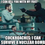 Cockroaches have weak body, strong body | I CAN KILL YOU WITH MY FOOT; COCKROACHES: I CAN SURVIVE A NUCLEAR BOMB | image tagged in eminem with rocket launcher | made w/ Imgflip meme maker