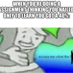Frfr | WHEN YOU'RE DOING A ASSIGNMENT THINKING YOU NAILED, ONLY TO LEARN YOU GOT A 40%: | image tagged in excuse me wtf blank template | made w/ Imgflip meme maker