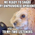 Keen and serious podcaster | ME READY TO SHARE MY UNPROVOKED OPINIONS; TO MY TWO LISTENERS | image tagged in flashbang dog | made w/ Imgflip meme maker