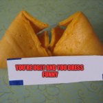 You're Ugly | YOU'RE UGLY AND YOU DRESS 
FUNNY | image tagged in blank fortune cookie,funny memes | made w/ Imgflip meme maker