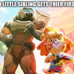 Isabelle and Doom Guy | WHEN YOUR LITTLE SIBLING GETS THIER FIRST NERF GUN | image tagged in isabelle and doom guy | made w/ Imgflip meme maker