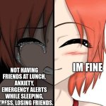 this is what I'm going through right now | NOT HAVING FRIENDS AT LUNCH, ANXIETY, EMERGENCY ALERTS WHILE SLEEPING, STRESS, LOSING FRIENDS. IM FINE | image tagged in im fine meme,meme,sad but true,about me | made w/ Imgflip meme maker