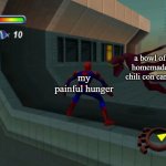chili con carne is a great dish | a bowl of homemade chili con carne; my painful hunger | image tagged in beta symbiote attacking spiderman | made w/ Imgflip meme maker