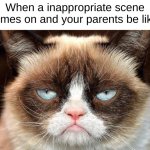 Only my mom does this | When a inappropriate scene comes on and your parents be like: | image tagged in grumpy cat glare,true | made w/ Imgflip meme maker