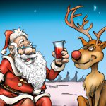 Santa Claus drinking next to a dear