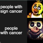 sign vs illness | people with sign cancer; people with cancer | image tagged in chica normal vs scary,cancer | made w/ Imgflip meme maker