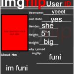 imgflip User ID | yeeet; yes; she; 5'1; big; funi; im funi | image tagged in imgflip user id | made w/ Imgflip meme maker