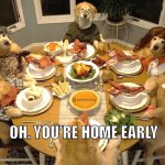 Dog Thanksgiving | OH. YOU'RE HOME EARLY | image tagged in dog thanksgiving | made w/ Imgflip meme maker