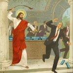 Jesus chasing money changers out temple