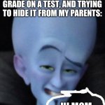 Everyone feels like this | ME AFTER I HAVE A BAD GRADE ON A TEST, AND TRYING TO HIDE IT FROM MY PARENTS:; HI MOM… | image tagged in megamind,funny memes | made w/ Imgflip meme maker
