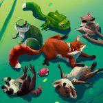 A Turtle, A Raccoon, A Mouse, a Frog, and a Fox all laying on th