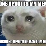 please upvote me | NO ONE UPVOTES MY MEMES:; GOES AROUND UPVOTING RANDOM MEMES: | image tagged in crying cat,upvotes,begging,please,for the love of god | made w/ Imgflip meme maker