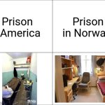 American Prison cell vs Norwegian prison cell | Prison in Norway; Prison in America | image tagged in 4 panel comic,memes,usa,norway,prison | made w/ Imgflip meme maker