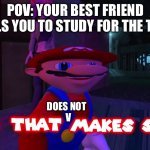 Bruh | POV: YOUR BEST FRIEND TELLS YOU TO STUDY FOR THE TEST; DOES NOT
  V | image tagged in smg4 mario yeah that makes sense,smg4,memes,super mario | made w/ Imgflip meme maker