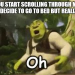 whoops. I've done this | WHEN YOU START SCROLLING THROUGH MEMES AT 8PM, THEN DECIDE TO GO TO BED BUT REALIZE IT'S 5AM | image tagged in shrek oh | made w/ Imgflip meme maker