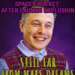 Elon Musk still far from Mars dreams | LOSES ANOTHER SPACEX ROCKET 
AFTER LAUNCH EXPLOSION; STILL FAR FROM MARS DREAMS | image tagged in bad luck elon musk,elon musk,elon musk weed,elon musk laughing,mars,usa | made w/ Imgflip meme maker