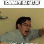 These kinds of things make my brain short circuit in like the first few seconds i read this. | A TACO IS A MEXICAN HOTDOG OR A HOTDOG IS A AMERICAN TACO | image tagged in confused screaming | made w/ Imgflip meme maker