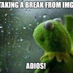 Ciao | I'M TAKING A BREAK FROM IMGFLIP; ADIOS! | image tagged in kermit staring out of window,breaking news,break,goodbye | made w/ Imgflip meme maker