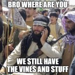 Calling the Taliban | BRO WHERE ARE YOU; WE STILL HAVE THE VINES AND STUFF | image tagged in calling the taliban | made w/ Imgflip meme maker