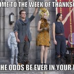 Thanksgiving Let the Games Begin | WELCOME TO THE WEEK OF THANKSGIVING; MAY THE ODDS BE EVER IN YOUR FAVOR | image tagged in hunger games,thanksgiving | made w/ Imgflip meme maker