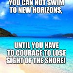 beach | YOU CAN NOT SWIM TO NEW HORIZONS, UNTIL YOU HAVE TO COURAGE TO LOSE SIGHT OF THE SHORE! | image tagged in beach | made w/ Imgflip meme maker