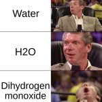 science joke | Water; H2O; Dihydrogen monoxide | image tagged in good better best | made w/ Imgflip meme maker