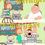 Participation Trophies were the best | Youth sports coaches; My teammate that scored the winning point; 8-year-old me getting a participation trophy | image tagged in equal attention cake,participation trophy,sports,childhood,family guy | made w/ Imgflip meme maker