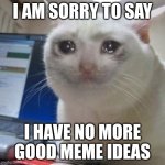 Image title | I AM SORRY TO SAY; I HAVE NO MORE GOOD MEME IDEAS | image tagged in crying cat,sad but true | made w/ Imgflip meme maker