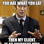 Well I guess he's innocent | YOUR HONOR, IF YOU ARE WHAT YOU EAT; THEN MY CLIENT IS AN INNOCENT MAN | image tagged in your honor | made w/ Imgflip meme maker