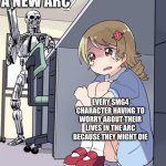 And then the fandom goes wild with theories and crap | A NEW ARC; EVERY SMG4 CHARACTER HAVING TO WORRY ABOUT THEIR LIVES IN THE ARC BECAUSE THEY MIGHT DIE | image tagged in anime girl hiding from terminator | made w/ Imgflip meme maker
