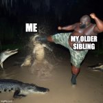man kicking alligator | ME; MY OLDER SIBLING | image tagged in man kicking alligator | made w/ Imgflip meme maker