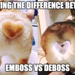 Emboss vs deboss | KNOWING THE DIFFERENCE BETWEEN; EMBOSS VS DEBOSS | image tagged in corgi tail fail | made w/ Imgflip meme maker