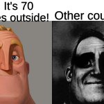 Normal And Dark Mr.Incredible but at higher quality | US: It's 70 degrees outside! Other countries: | image tagged in normal and dark mr incredibles,funny | made w/ Imgflip meme maker