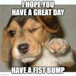 Fist bump puppy  | I HOPE YOU HAVE A GREAT DAY; HAVE A FIST BUMP | image tagged in fist bump puppy | made w/ Imgflip meme maker