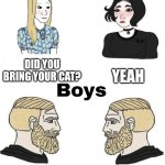 Did you get it? | DID YOU BRING YOUR CAT? YEAH; DO YOU HAVE THE AMMO? NO, I GOT THE AMMO | image tagged in girls vs boys | made w/ Imgflip meme maker