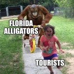 Orangutan chasing girl on a tricycle | FLORIDA ALLIGATORS; TOURISTS | image tagged in orangutan chasing girl on a tricycle | made w/ Imgflip meme maker