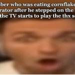 *gasp* Oh nooooooooo !!! *deaf* | The robber who was eating cornflakes in the refrigerator after he stepped on the remote control and the TV starts to play the thx sound effect : | image tagged in flabergasted,refrigerator,robber,3 am,thx,television tv | made w/ Imgflip meme maker