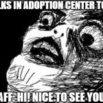 "Dear go-" | ME: WALKS IN ADOPTION CENTER TO ADOPT; THE STAFF: HI! NICE TO SEE YOU AGAIN | image tagged in memes,gasp rage face,funny memes,funny,fun,relatable | made w/ Imgflip meme maker