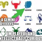 Zodiac Signs | IM A GEMINI BOYYYYYS; IM PLAYFUL AND INTELLECTUALLY CURIOUS! | image tagged in zodiac signs | made w/ Imgflip meme maker