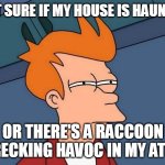 Not sure if- fry | NOT SURE IF MY HOUSE IS HAUNTED; OR THERE'S A RACCOON WRECKING HAVOC IN MY ATTIC | image tagged in not sure if- fry,meme,memes,funny | made w/ Imgflip meme maker