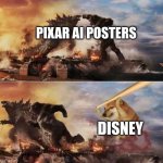 pixar ai posters vs disney | PIXAR AI POSTERS; DISNEY | image tagged in doge bat | made w/ Imgflip meme maker