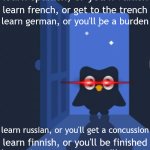 Meet Duolingo, the scary owl | learn spanish, or you'll vanish; learn french, or get to the trench; learn german, or you'll be a burden; learn russian, or you'll get a concussion; learn finnish, or you'll be finished; learn japanese, or you'll cease | image tagged in duolingo bird | made w/ Imgflip meme maker