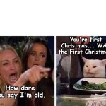You're old. Even you're tongue is wrinkled. | You're first Christmas... WAS the First Christmas. How dare you say I'm old. | image tagged in lady screams at cat,funny animals,cat,meme,hilarious | made w/ Imgflip meme maker
