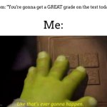 I always do bad on tests for some reason | Mom: "You're gonna get a GREAT grade on the test today!"; Me: | image tagged in like that's ever gonna happen,meme,shrek,test | made w/ Imgflip meme maker