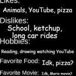I did this because why not | Pianosister; Paige; Straight female; 15; 5'2?? 122? 8-4-23; I am learning Japanese and Spanish; Animals, YouTube, pizza; School, ketchup, long car rides; Reading, drawing watching YouTube; Idk, pizza? Idk, Mario movie? Milkshake | image tagged in imgflip user id | made w/ Imgflip meme maker